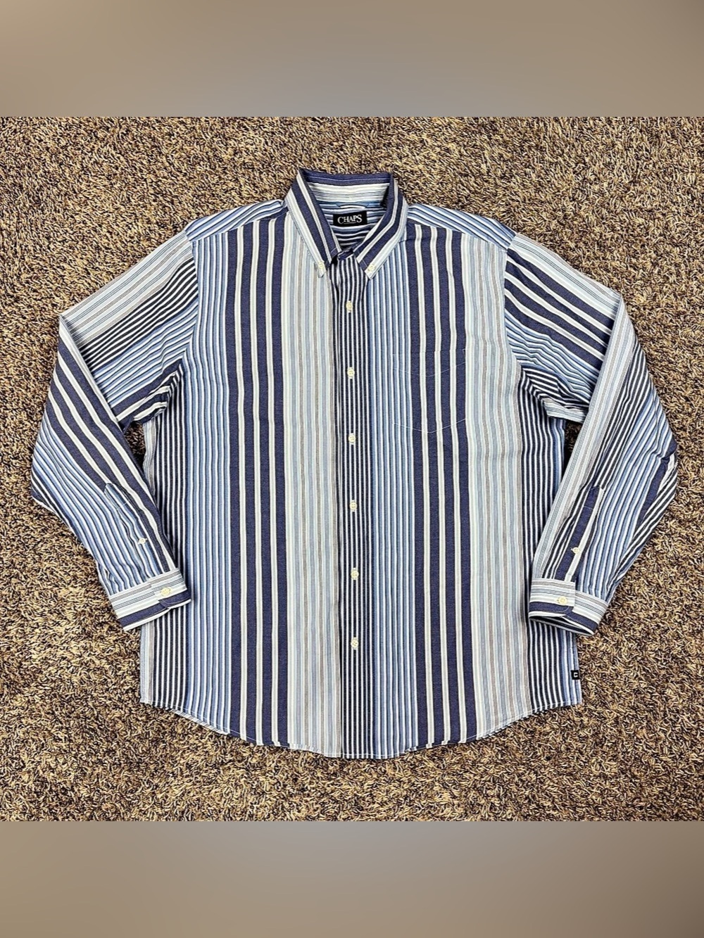 Chaps Mens Large Blue White Vertical Striped Button Down 100% Cotton Shirt